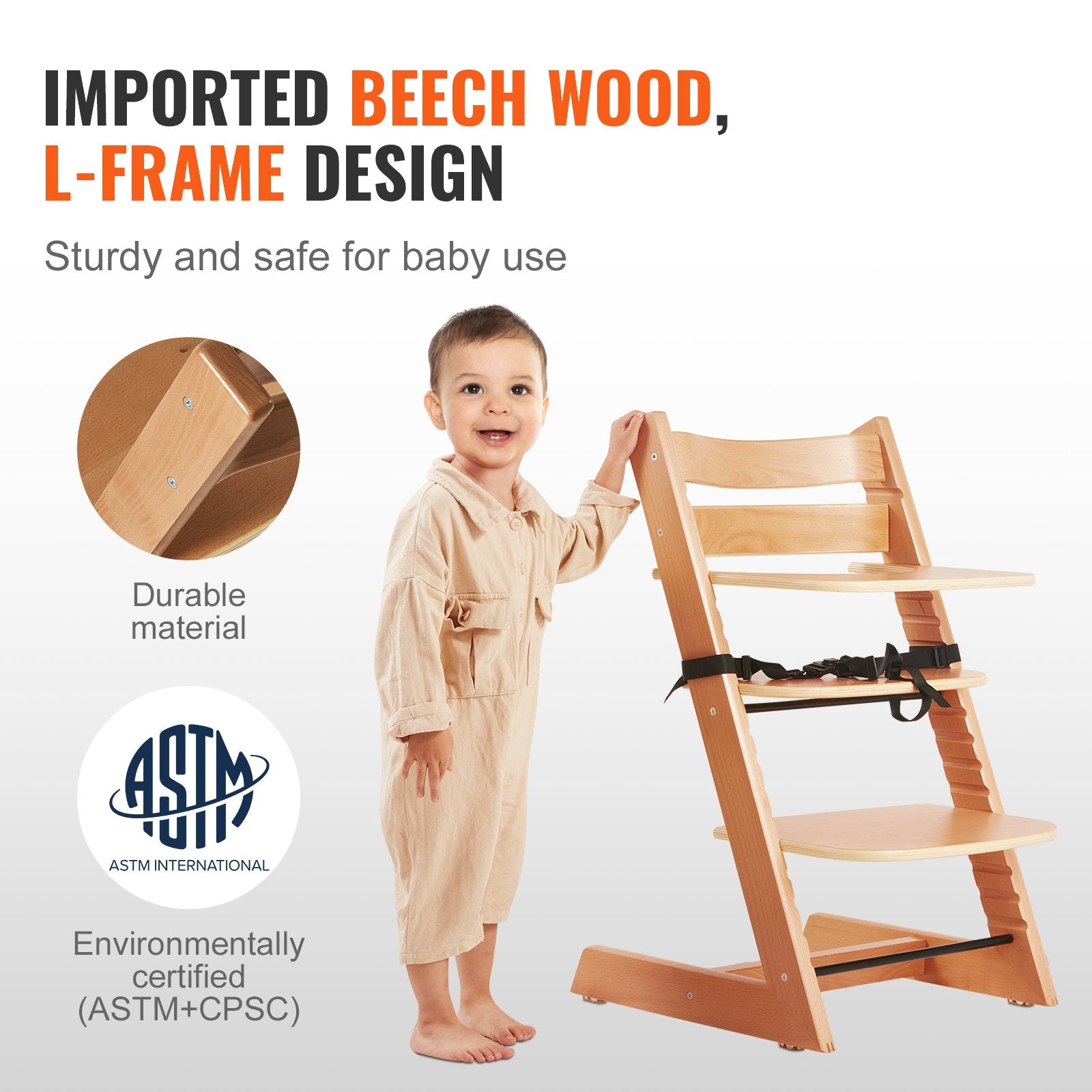 Wooden High Chair for Babies & Toddlers Adjustable Convertible Feeding Chair (Beech Wood, Natural) - Baby Dotz