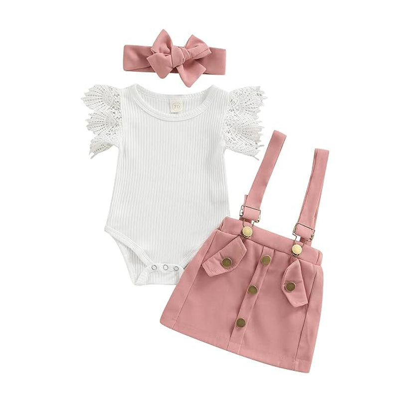 3Pcs Infant Baby Girl Summer Outfit Set  Ruffle Ribbed Romper Collection - Baby Dotz