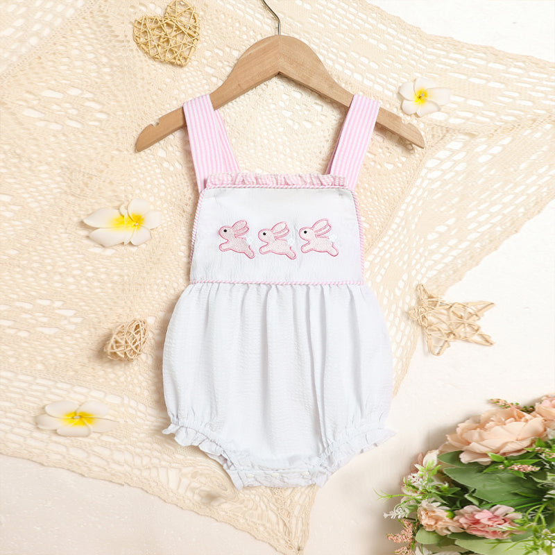 Baby Sweet Bunny Romper Ruffle Trim Onesie with Adjustable Straps & Snap Closure - Baby Dotz