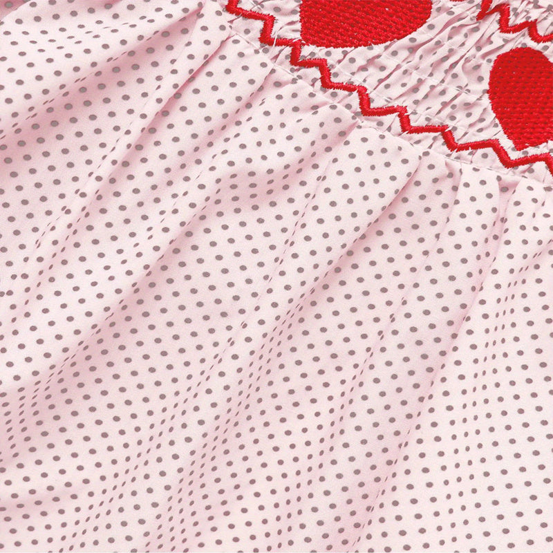 Baby Girl Pink Polka Dot Romper  Heart Embroidery Ruffle Detail - Baby Dotz
