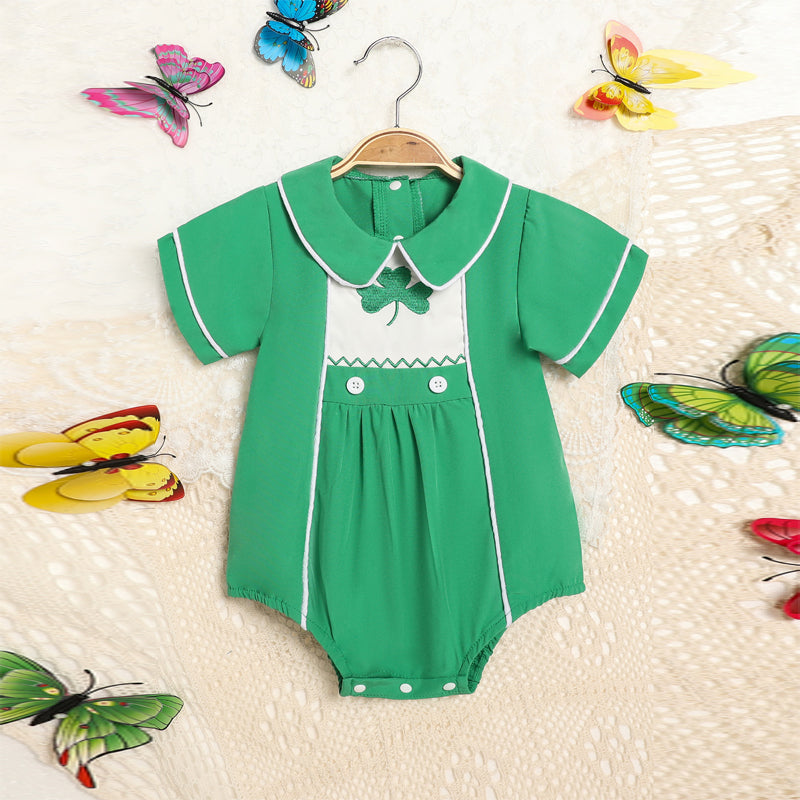 Baby Green Lapel Short Sleeve Romper  Clover Print Button Detail Playsuit - Baby Dotz
