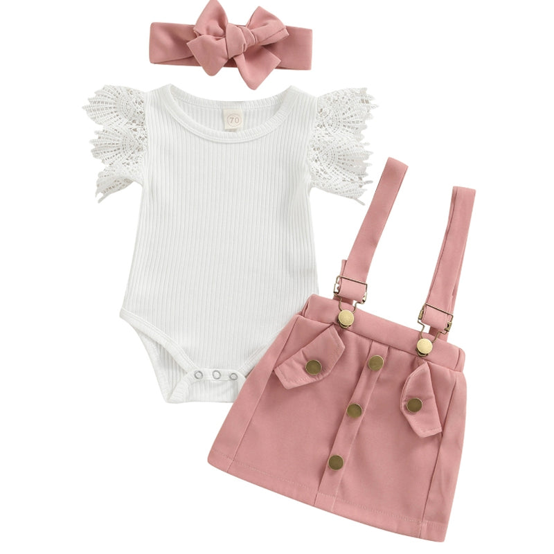 3Pcs Infant Baby Girl Summer Outfit Set  Ruffle Ribbed Romper Collection - Baby Dotz