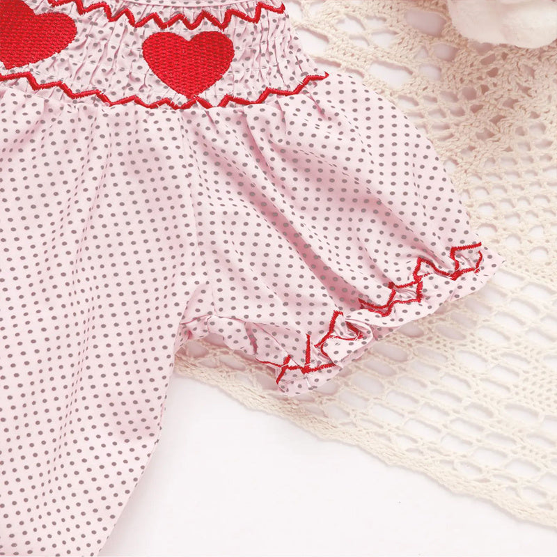 Baby Girl Pink Polka Dot Romper  Heart Embroidery Ruffle Detail - Baby Dotz