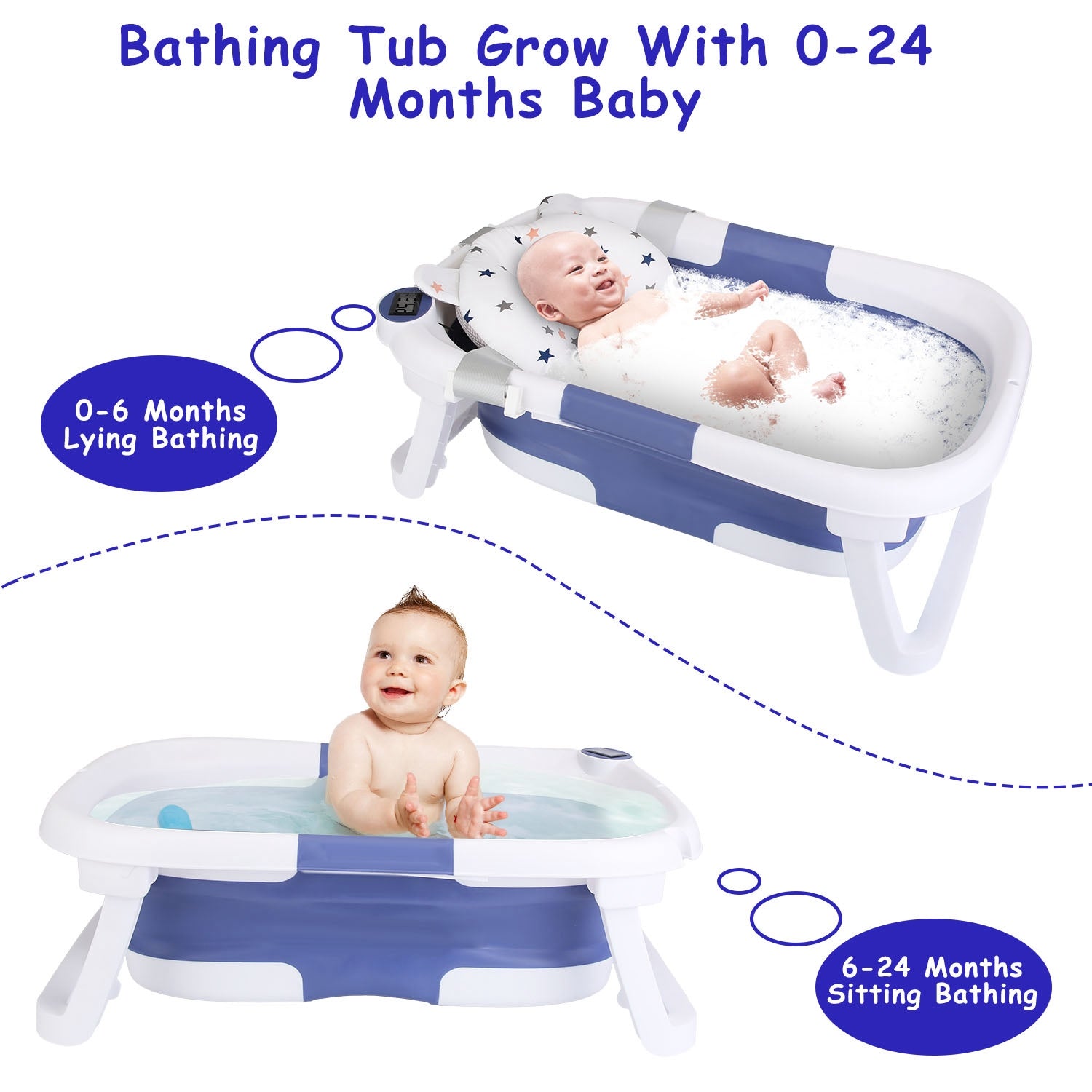 1Pc Baby Bath Tub with Built-in Thermometer 0 To 24Months Baby (Foldable & Travel Friendly) - Baby Dotz