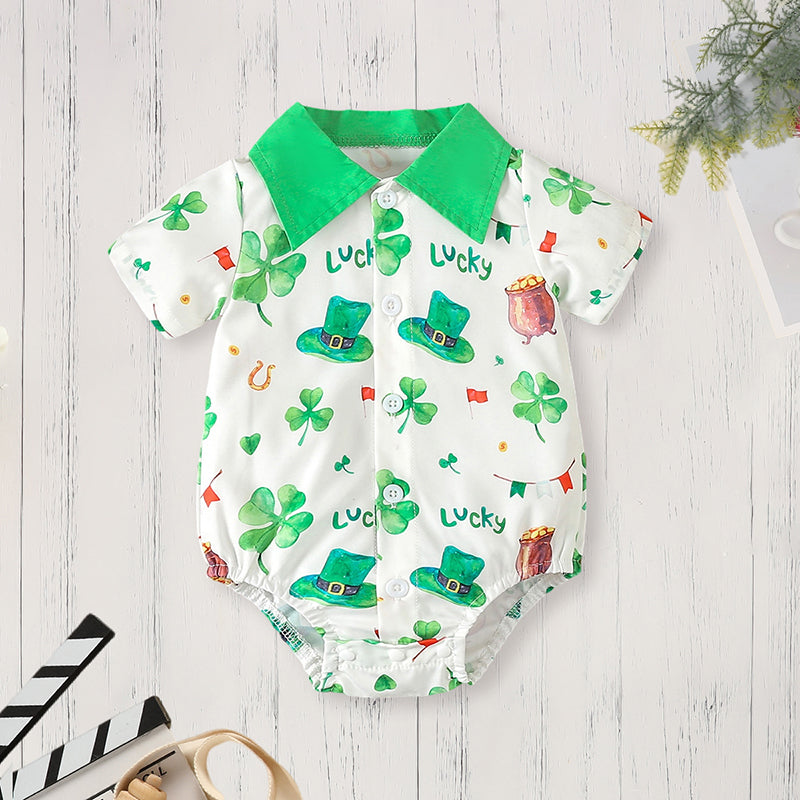 Newborn Baby Boy St. Patrick’s Day Outfit Set Short Sleeve Clover Print Romper (2Pcs) - Baby Dotz