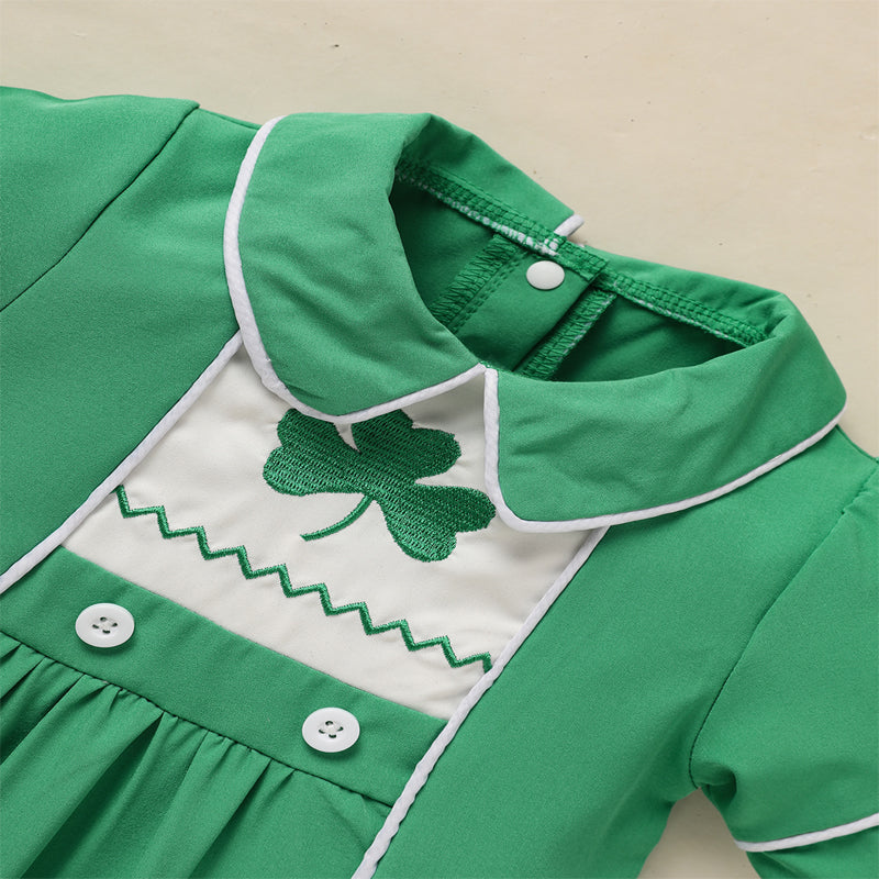 Baby Green Lapel Short Sleeve Romper  Clover Print Button Detail Playsuit - Baby Dotz