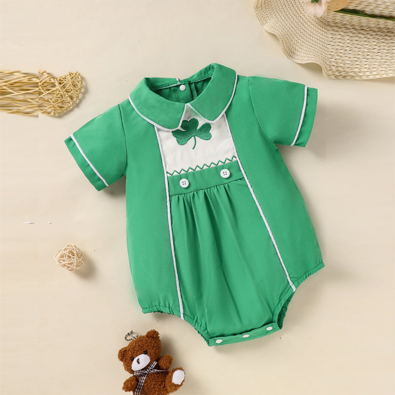 Baby Green Lapel Short Sleeve Romper  Clover Print Button Detail Playsuit - Baby Dotz