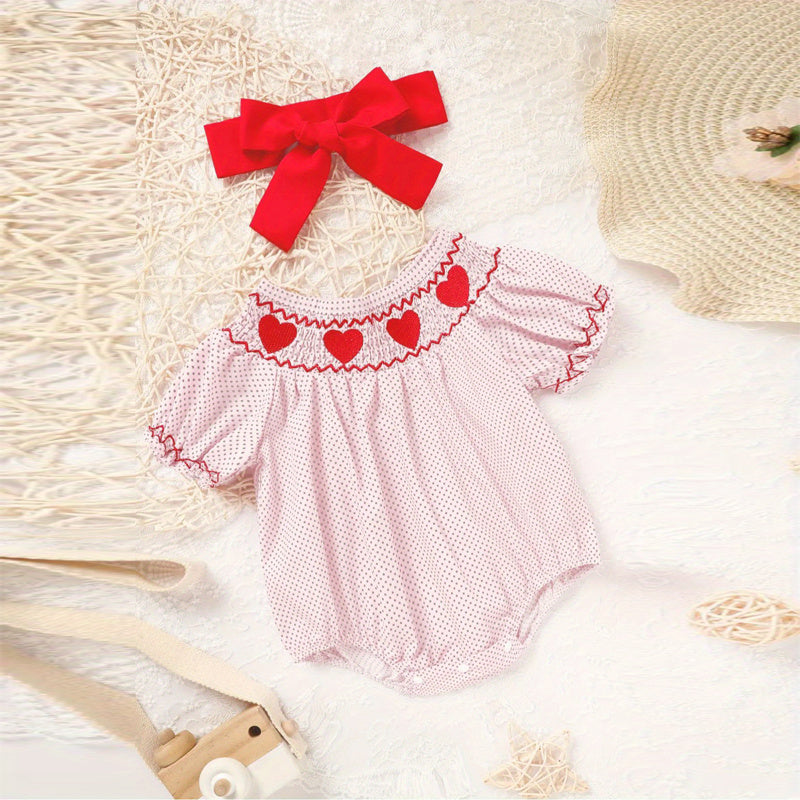 Baby Girl Pink Polka Dot Romper  Heart Embroidery Ruffle Detail - Baby Dotz