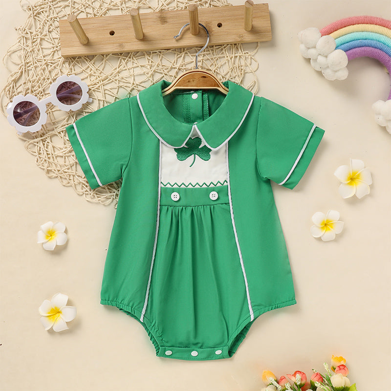 Baby Green Lapel Short Sleeve Romper  Clover Print Button Detail Playsuit - Baby Dotz