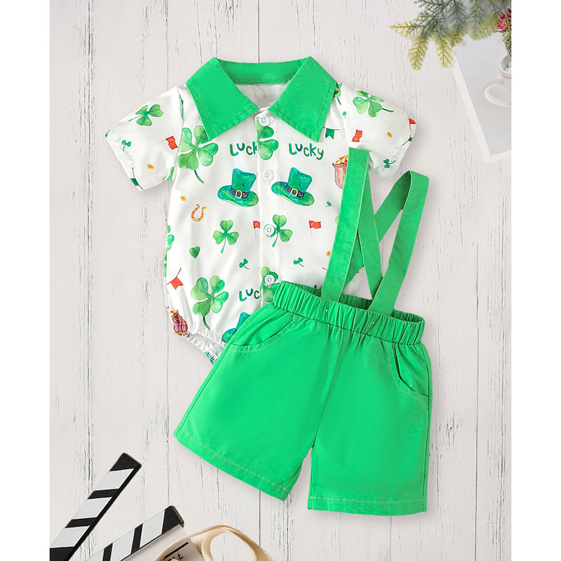 Newborn Baby Boy St. Patrick’s Day Outfit Set Short Sleeve Clover Print Romper (2Pcs) - Baby Dotz