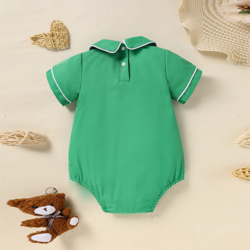 Baby Green Lapel Short Sleeve Romper  Clover Print Button Detail Playsuit - Baby Dotz
