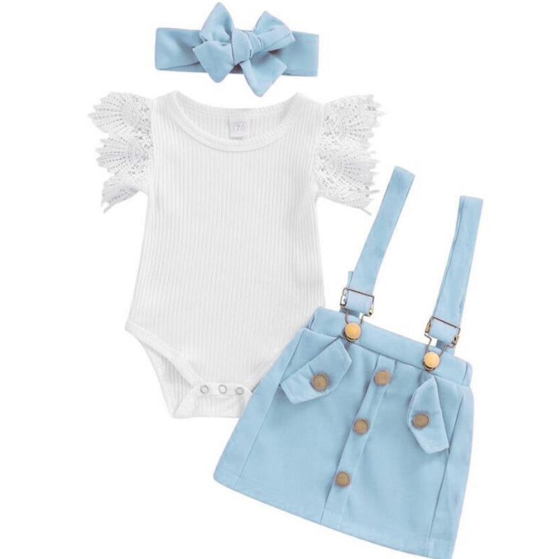3Pcs Infant Baby Girl Summer Outfit Set  Ruffle Ribbed Romper Collection - Baby Dotz
