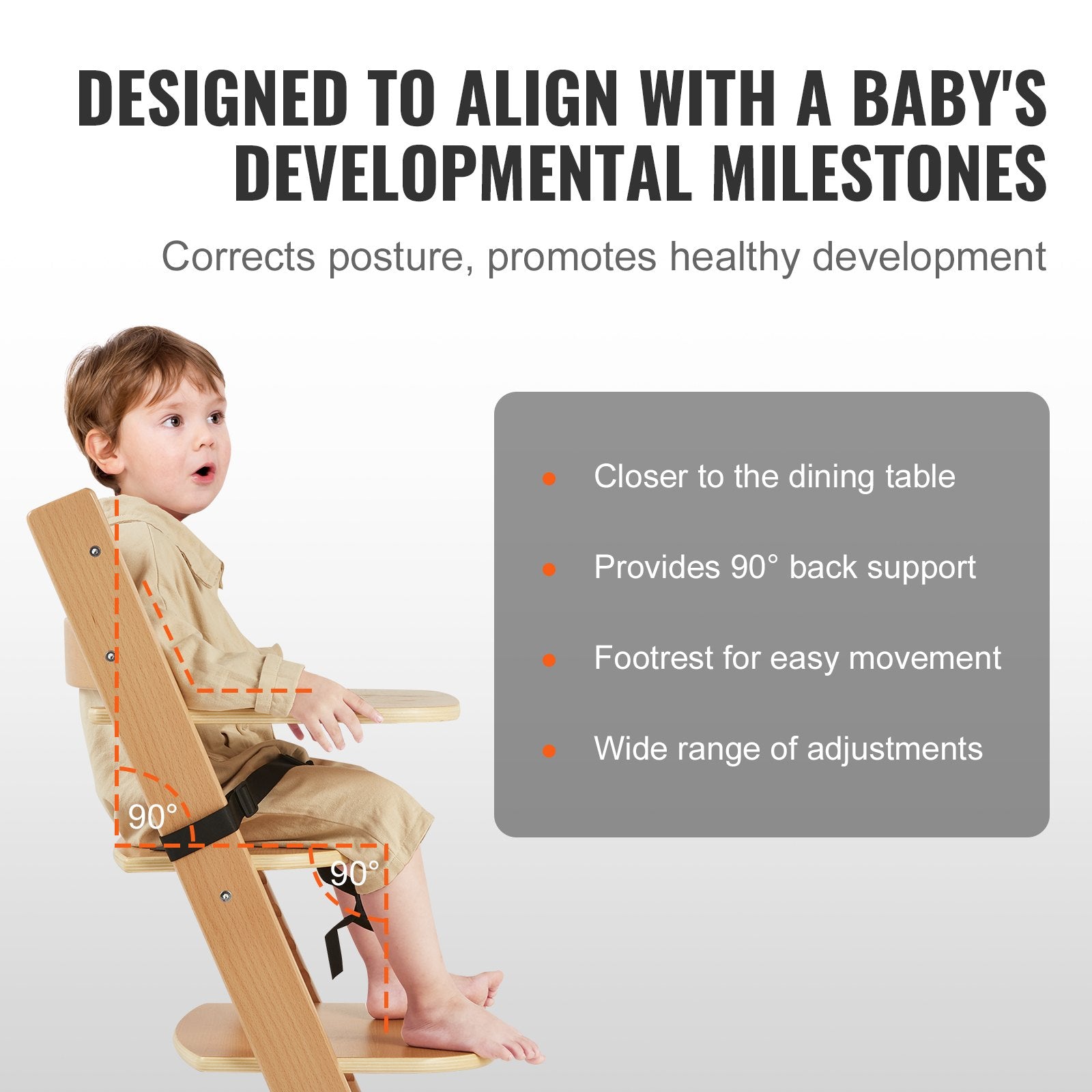 Wooden High Chair for Babies & Toddlers Adjustable Convertible Feeding Chair (Beech Wood, Natural) - Baby Dotz