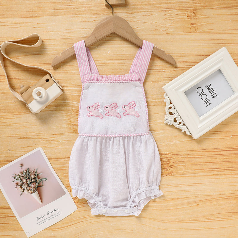 Baby Sweet Bunny Romper Ruffle Trim Onesie with Adjustable Straps & Snap Closure - Baby Dotz
