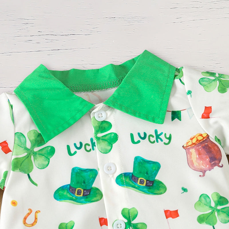Newborn Baby Boy St. Patrick’s Day Outfit Set Short Sleeve Clover Print Romper (2Pcs) - Baby Dotz