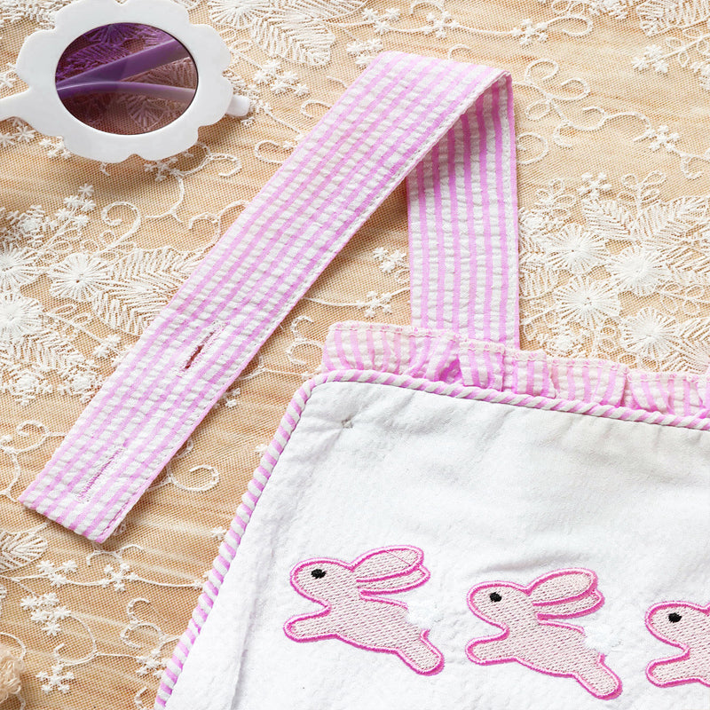 Baby Sweet Bunny Romper Ruffle Trim Onesie with Adjustable Straps & Snap Closure - Baby Dotz