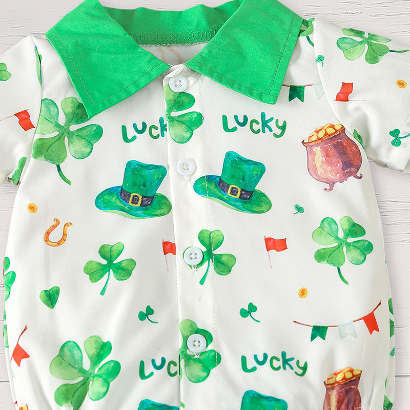 Newborn Baby Boy St. Patrick’s Day Outfit Set Short Sleeve Clover Print Romper (2Pcs) - Baby Dotz