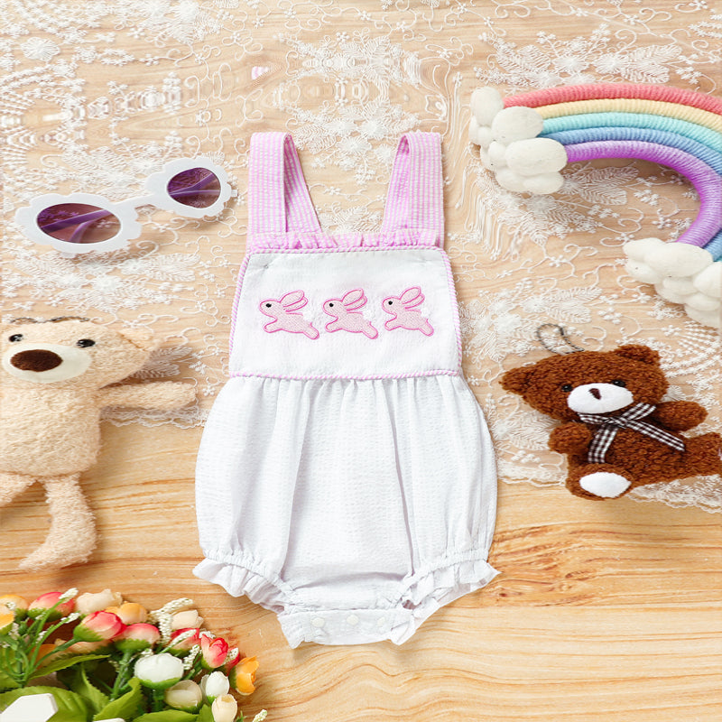 Baby Sweet Bunny Romper Ruffle Trim Onesie with Adjustable Straps & Snap Closure - Baby Dotz