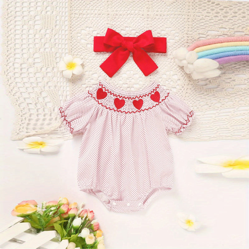 Baby Girl Pink Polka Dot Romper  Heart Embroidery Ruffle Detail - Baby Dotz