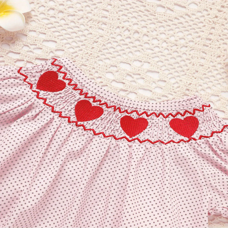 Baby Girl Pink Polka Dot Romper  Heart Embroidery Ruffle Detail - Baby Dotz