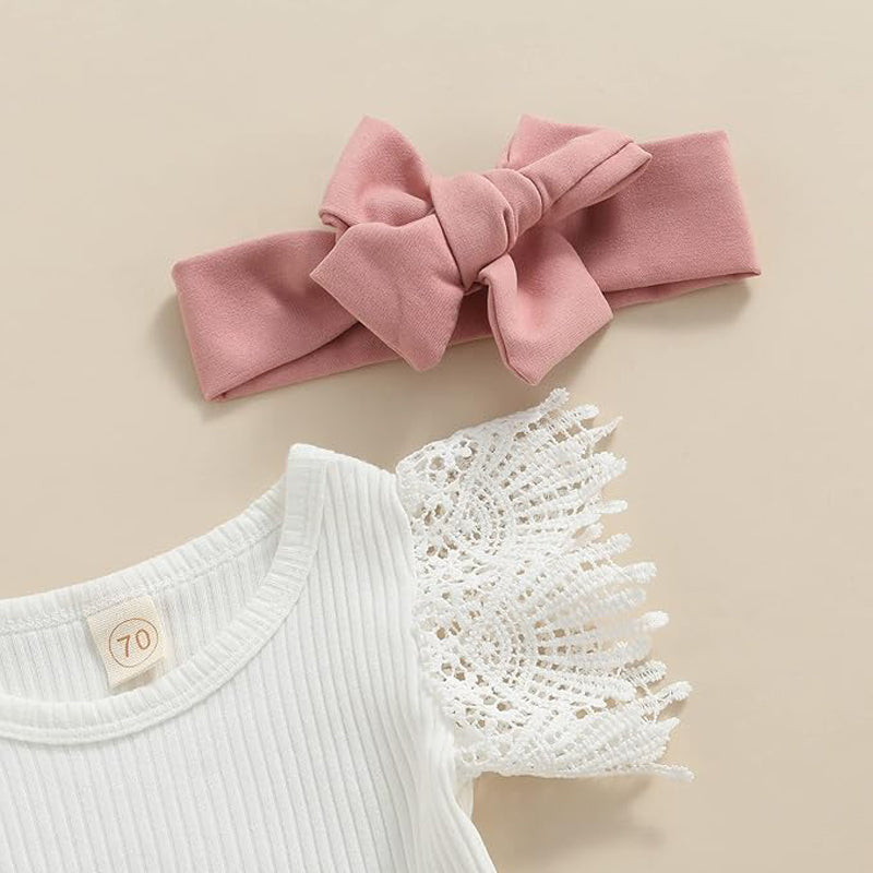 3Pcs Infant Baby Girl Summer Outfit Set  Ruffle Ribbed Romper Collection - Baby Dotz