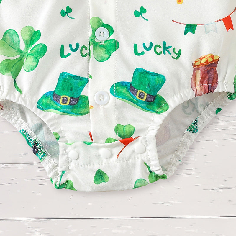 Newborn Baby Boy St. Patrick’s Day Outfit Set Short Sleeve Clover Print Romper (2Pcs) - Baby Dotz